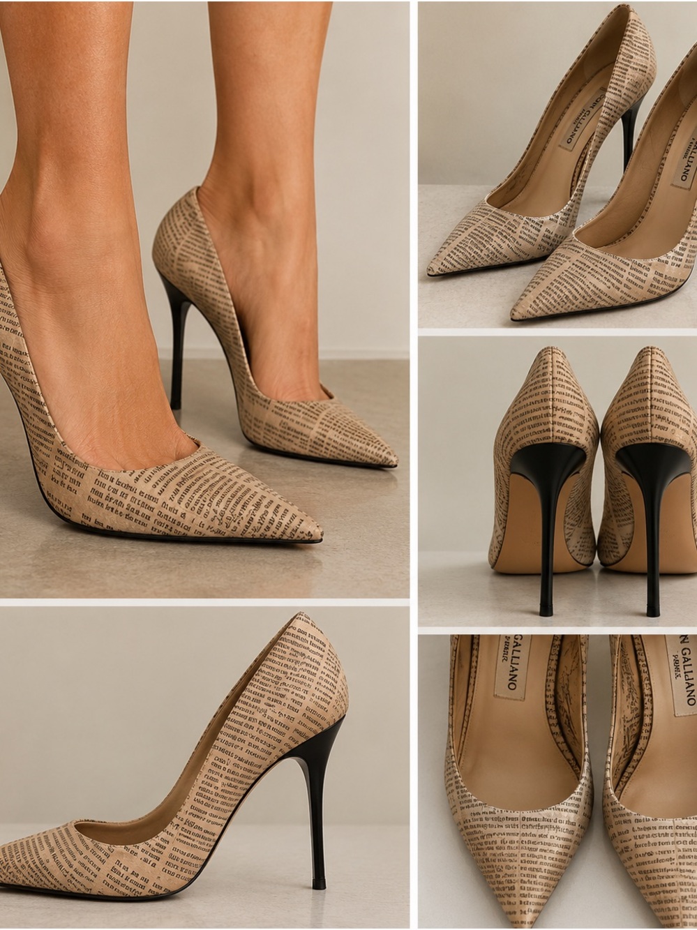 John Galliano Gazette Beige Newspaper-Print Pointed Pumps
